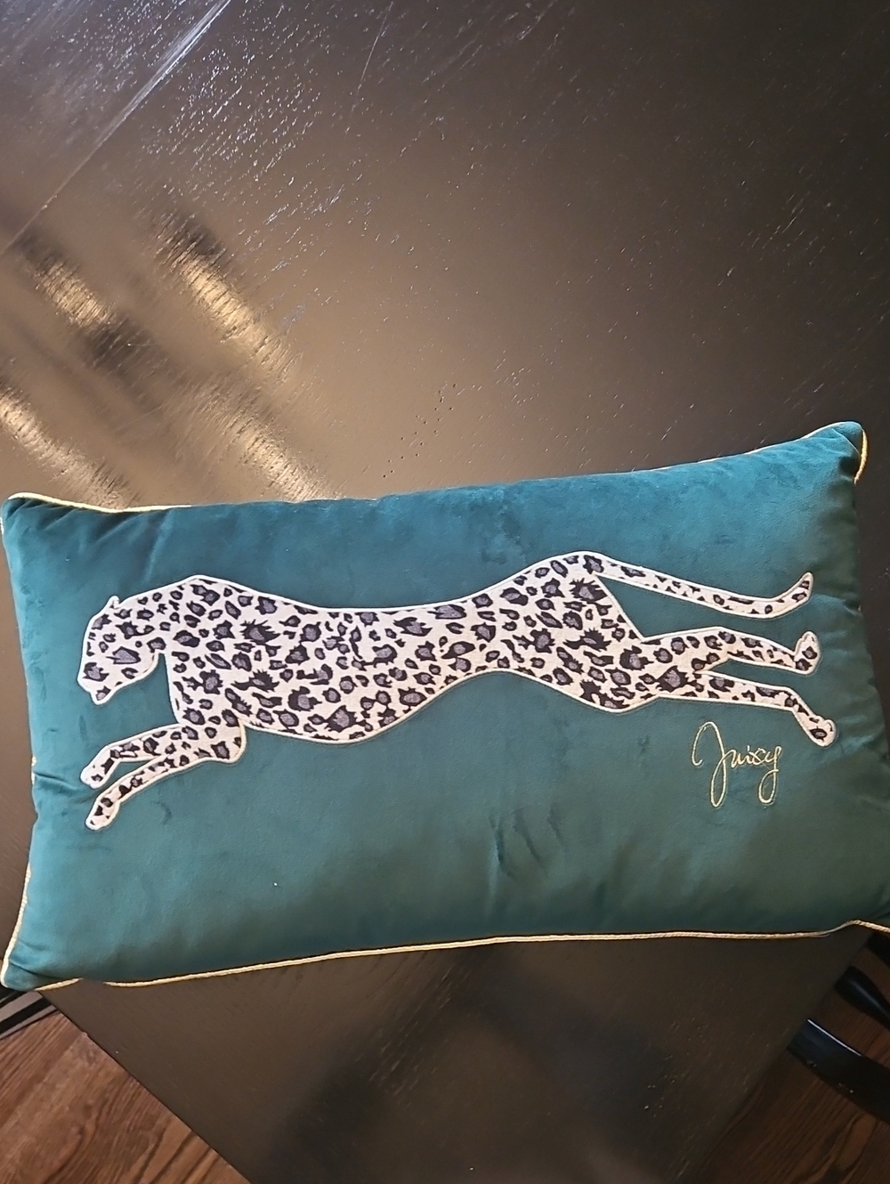 Juicy Couture Grren Velvet Pillow with Leopard Silhouette Appliqué